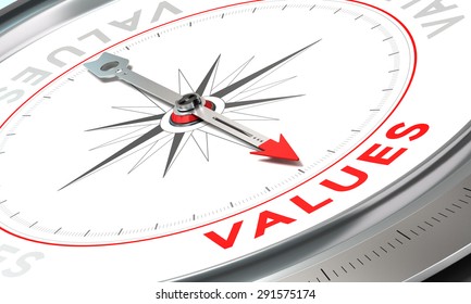 Compass With Needle Pointing The Word Values. Conceptual Illustration Part Three Of A Company Statement, Mission, Vision And Value.