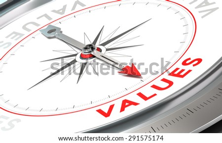 Compass with needle pointing the word values. Conceptual illustration part three of a company statement, Mission, Vision and Value.