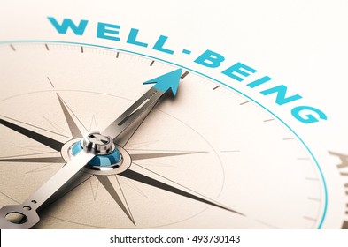 Compass with needle pointing the word well-being. 3D illustration with blur effect. Concept of wellbeing or wellness 