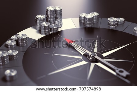 Compass over black background with needle pointing the biggest pile of money, Concept of making profits and good investment advice or wealth management. 3D illustration.