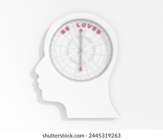 Compass points towards be loved text Compass inside human head. Self care, love yourself , body positive concept. 3D render. 3D Illustration - Powered by Shutterstock