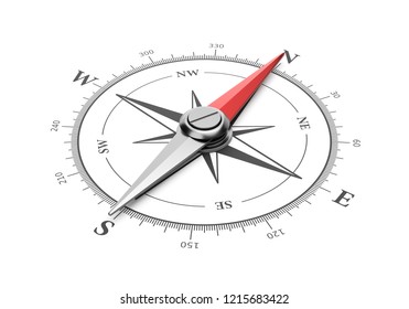 Compass with Red Magnetic Needle Pointing Toward the North on White Background 3D Illustration