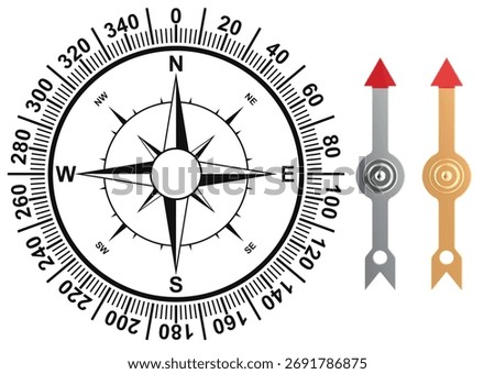Compass rose with degree scale and separate arrows. 3D rendering isolated on white background