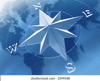 Compass rose on  background of world map