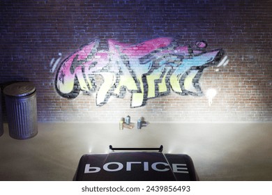 A compelling graffiti depicting a colorful wolf adorns an exposed brick wall indoors, highlighted by nearby spray paint cans and a visible trash bin, showcasing urban artistry.