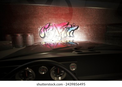 A compelling graffiti depicting a colorful wolf adorns an exposed brick wall indoors, highlighted by nearby spray paint cans and a visible trash bin, showcasing urban artistry.