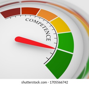 Competence level scale with arrow. The measuring device icon. Sign tachometer, speedometer, indicators. Infographic gauge element. 3D rendering