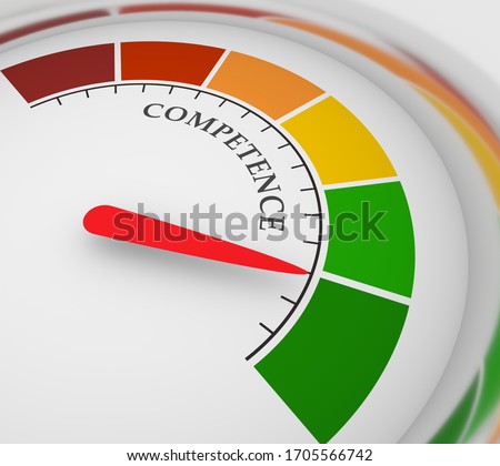 Competence level scale with arrow. The measuring device icon. Sign tachometer, speedometer, indicators. Infographic gauge element. 3D rendering