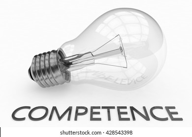 Competence - lightbulb on white background with text under it. 3d render illustration.