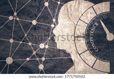 Competence meter read high level result. Scale with arrow. Infographic gauge element. Head of man silhouette. Connected lines with dots