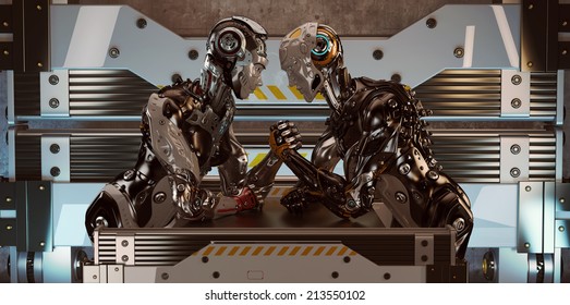 Competition In Arm Wrestling Between Two Robotic Characters / Man Vs Woman Arm Wrestling