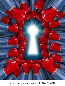 Competition Key As A Concept For A Fight For The Cure With An Organized Group Of Red Boxing Gloves Fighting Together To Find A Cure Or Solution Shaped As A Glowing Lock Hole.