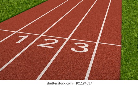 Competition Sport Concept At The Starting Line As A Business Symbol As The Saying Ready Set Go For The Beginnings Of A Planned Strategy For Success As A Track And Field Stadium Background.