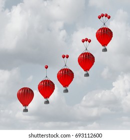 Competitive Advantage Increase Concept As A Group Of Rising Hot Air Balloons With Increasing Amount Of Assistance To Beat The Competition As A Business Metaphor With 3D Illustration Elements.