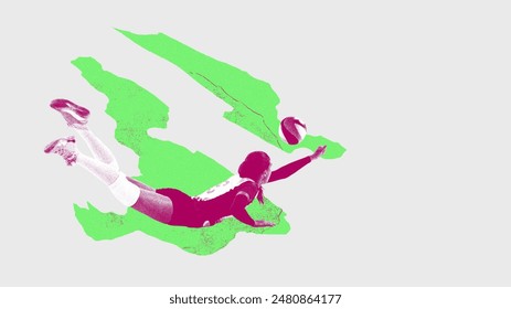 Competitive young woman, volleyball player in motion, hitting ball and falling down. Silhouette, white background with green elements. Contemporary art collage. Sport, active lifestyle, hobby concept - Powered by Shutterstock