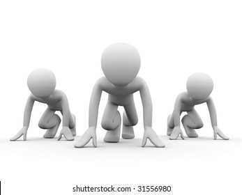 competitors with a same chances on a start; 3d rendered copyspaced image with a tree men squated before the start line waiting for a start shot