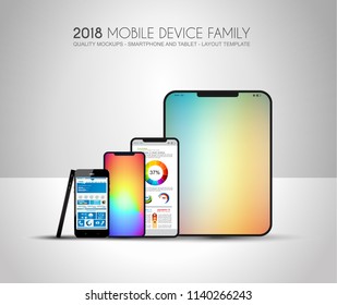 Complete Next Generation Device Family Included Mobile Phones, Tablet, Phablet, Desktops And Laptops With Flat Style Design. Complete Layout.