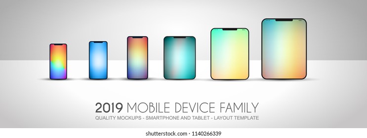 Complete Next Generation Device Family Included Mobile Phones, Tablet, Phablet, Desktops And Laptops With Flat Style Design. Complete Layout.