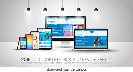 Complete Next Generation Device Family Included Mobile Phones, Tablet, Phablet, Desktops And Laptops With Flat Style Design. Complete Layout.