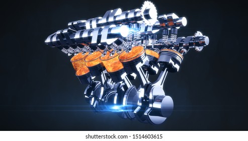 Complete Rotating Fuel Injected V8 Engine With Explosions. Pistons And Other Mechanical Parts - 3D Illustration Render