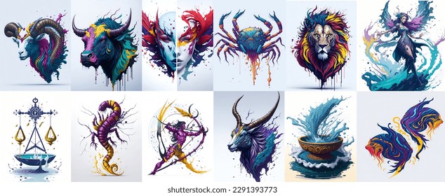 Complete set all twelve Zodiac Signs in splash art style 