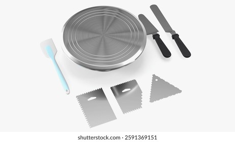 Complete set for cake decoration includes spatulas, scrapers, and revolving stand for precision and ease.