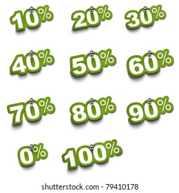 Complete set of percent green stickers over a white background fixed with push pin