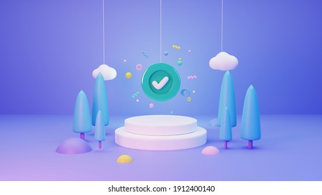 Completed Task. Successful Well Done Work With Trees, Clouds And Podium On Violet Background. Idea Of Task Done, Update Or Download Complete, Accept Or Approve Checkmark. 3D Rendering.