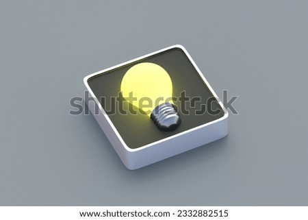 Completing tasks. Glowing light bulb on button. Idea concept. Brainstorming and inspiration. Problem solving. Achieving success. Ingenious strategy. Correct solution. 3d render