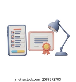 Completion checklist on mobile phone alongside certificate and desk lamp represents studying or training Excellent for online course and education visuals.
