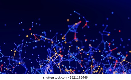 Complex 3D render of an abstract network with interconnected dots and lines on a dark blue technology background, illustrating data and connection structures. 3D render.