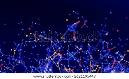 Complex 3D render of an abstract network with interconnected dots and lines on a dark blue technology background, illustrating data and connection structures. 3D render.