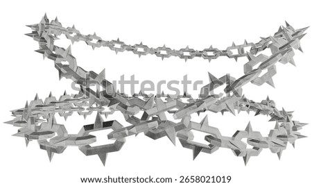 Complex abstract composition featuring menacing spiked metal chains draped and interlocked. Perfect for impactful digital art, conceptual visuals, or game environments.