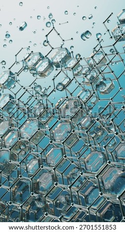 Complex abstract depiction of molecular structures characterized by hexagonal arrangements and suspended droplets. A modern visualization combining clean design with scientific. 3D Illustration