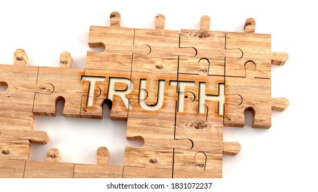 Complex and confusing truth: learn complicated, hard and difficult concept of truth,pictured as pieces of a wooden jigsaw puzzle creating a whole, completed word, 3d illustration