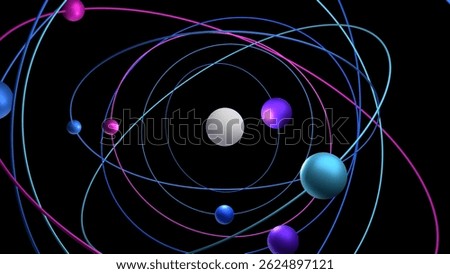 Complex digital atomic structure in motion with intersecting neon orbits around a central nucleus for science education or visualization. Transparent jpg