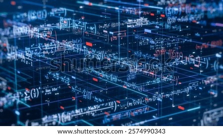 Complex futuristic network with math expressions and equations, concept of ai assistant, machine learning, neural network, science and technology (3d render)