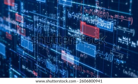 Complex futuristic network with math expressions and equations, concept of ai assistant, machine learning, neural network, science and technology (3d render)
