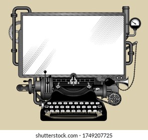 Complex Iron Steampunk Computer With A White Screen. Template, Poster And Techno Symbol. Vintage Engraving Stylized Drawing