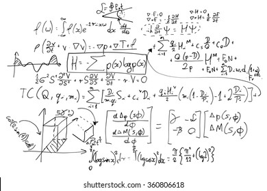 Complex math formulas on whiteboard. Mathematics and science with economics concept. Real equations, symbols handwritten by a professional. 