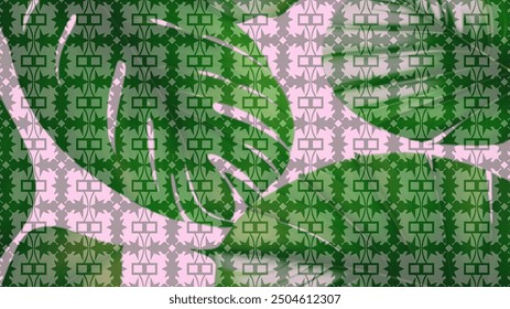 a complex pattern of green tones with overlaying translucent leaves and geometric shapes, creating a textured, nature-inspired background suitable for various design purposes.