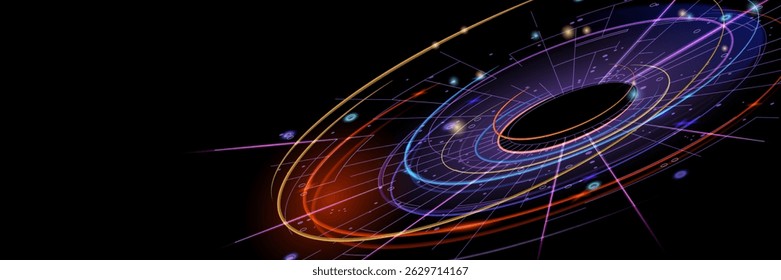 Complex radial light structure with multicolored glow and dynamic lines, for tech promos, high-tech visuals, or AI UI.