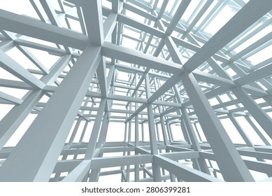 Complex three dimensional lattice of beams forming a repeating grid and intersecting frames, offering a modern structural pattern for backgrounds and design mockups.