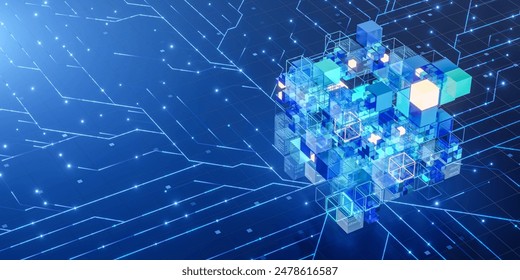 A complex visualization of a big data network with interconnected glowing blue cubes and lines, showcasing intricate data flow and processing.