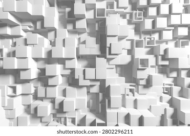 Complex white 3d array of cubes and voids forming a dense voxel wall with strong shadowing and depth variation, ideal for futuristic technology backgrounds, data visualization backdrops, or modern graphic layouts.