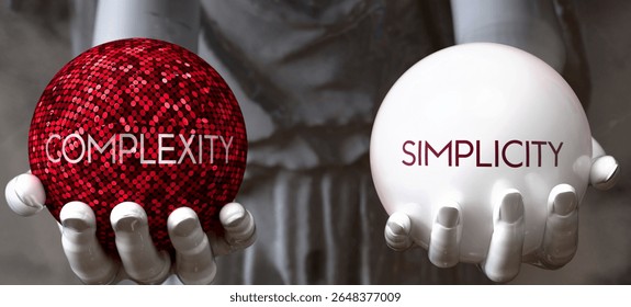 Complexity or Simplicity - decide between two options. Greek statue presenting a choice: complexity or simplicity, weighing their values. Looking at pros and cons. 