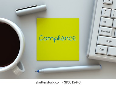 Compliance, message on note paper, computer and coffee on table