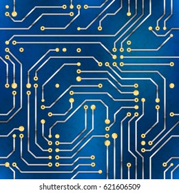 Complicated Computer Microchip, Seamless Pattern On Blue Background