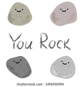 A Compliment You Rock Motivational Card, Poster. Illustration Of Stones And The Words You Rock. American Slang On A White Background. Cool Expression For A Man. Modern Background With Cartoon Stones. 