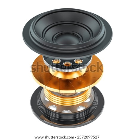 Components of Earphone Dynamic Speaker Drivers, 3D rendering isolated on white background